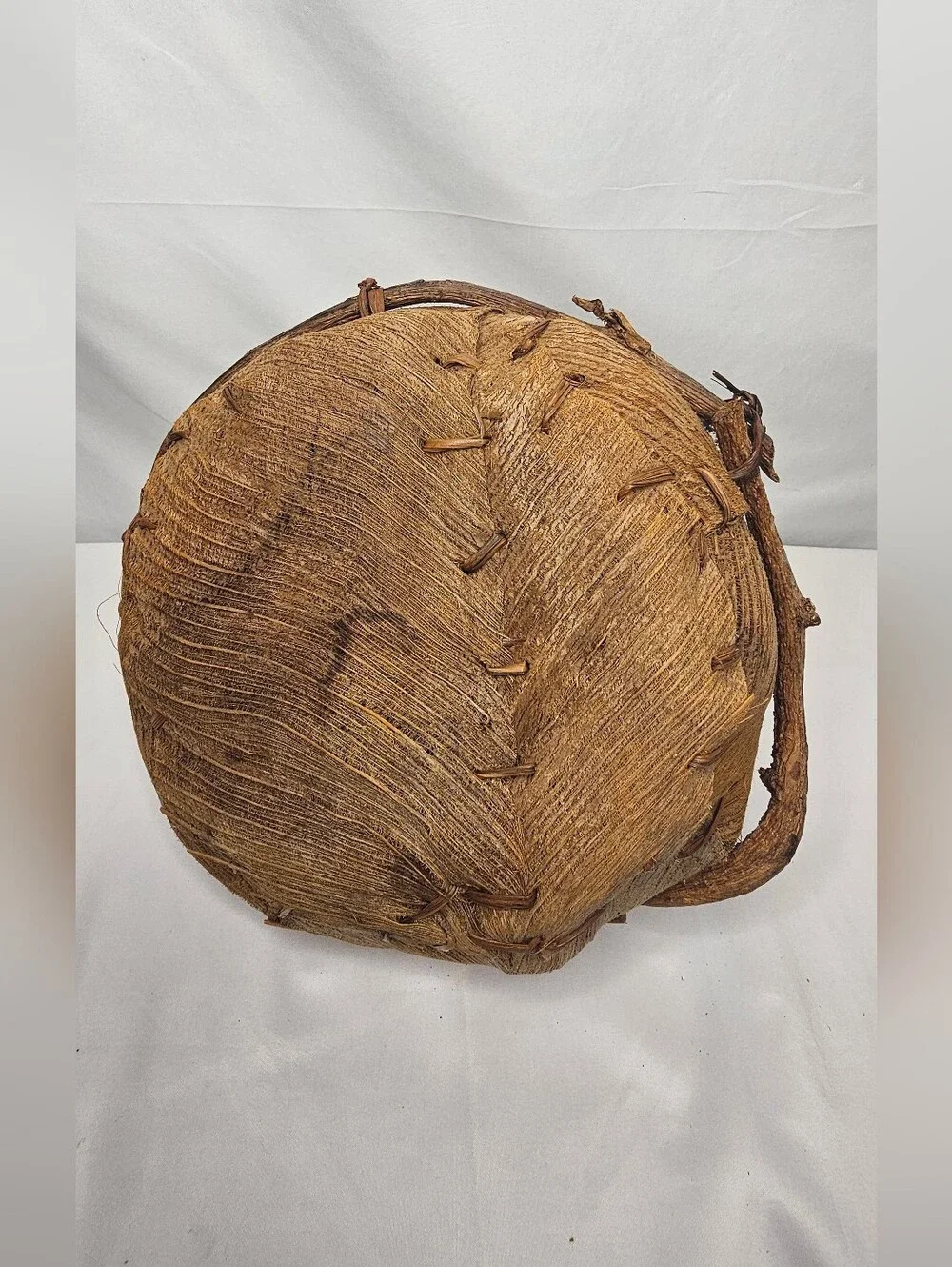 Vintage Rustic Folk Art Basket Natural Coconut Palm Spathe Fiber Grapevine Vine